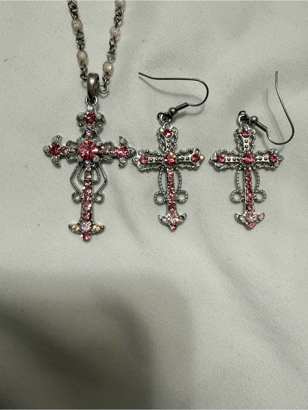 Pink Crystal Cross Necklace and Earring Set
